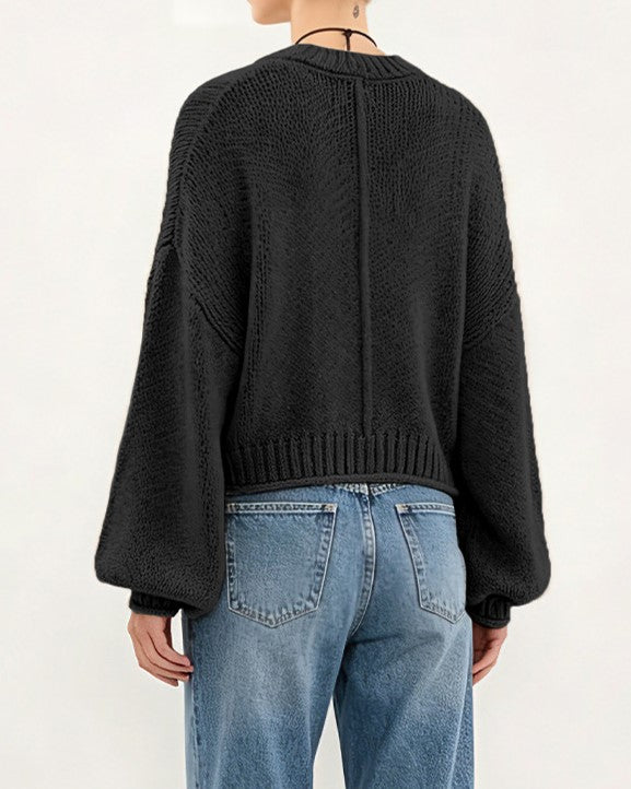Chunky Balloon Sleeve Cropped Knit Sweater - Black - 1