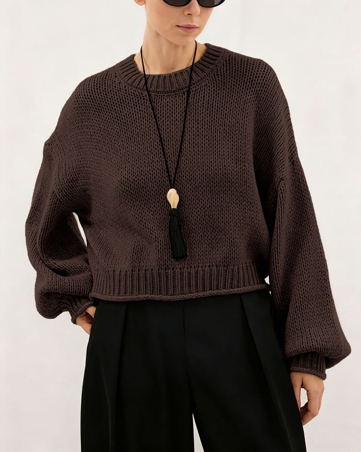 Chunky Balloon Sleeve Cropped Knit Sweater - Coffee