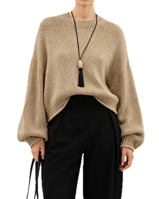 Chunky Balloon Sleeve Cropped Knit Sweater - Khaki