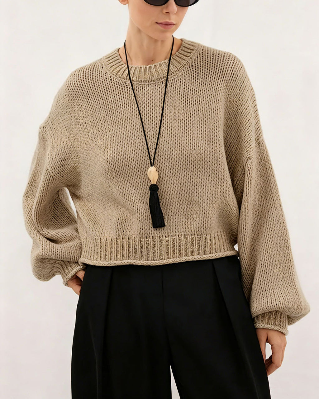Chunky Balloon Sleeve Cropped Knit Sweater - Khaki - 1