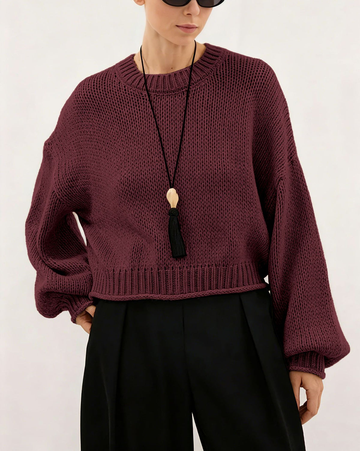 Chunky Balloon Sleeve Cropped Knit Sweater - WineRed
