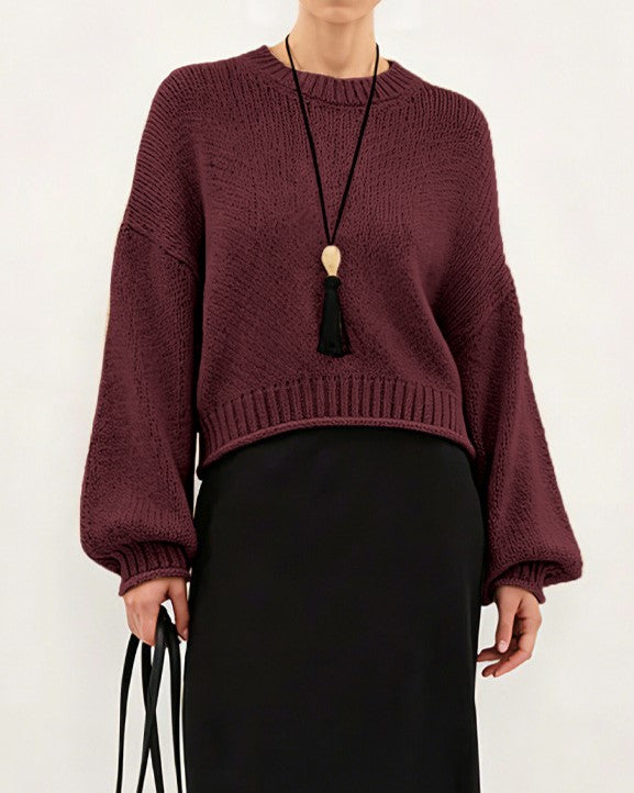 Chunky Balloon Sleeve Cropped Knit Sweater - WineRed - 1