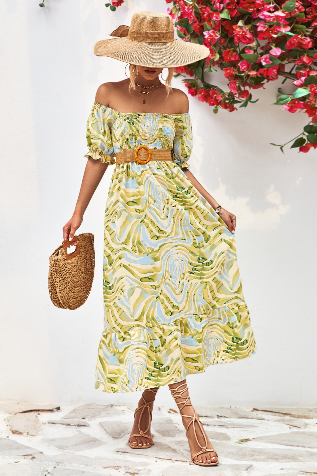 Leaf Print Off Shoulder Shirred Midi Dress - Green
