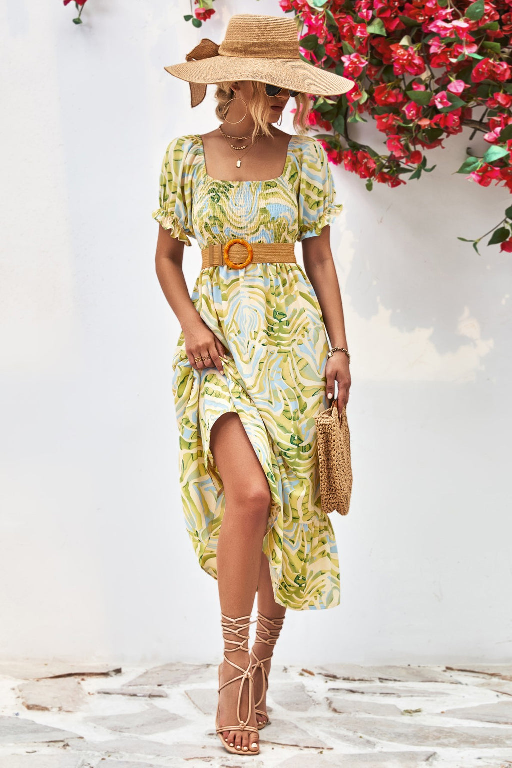 Leaf Print Off Shoulder Shirred Midi Dress - Green - 1