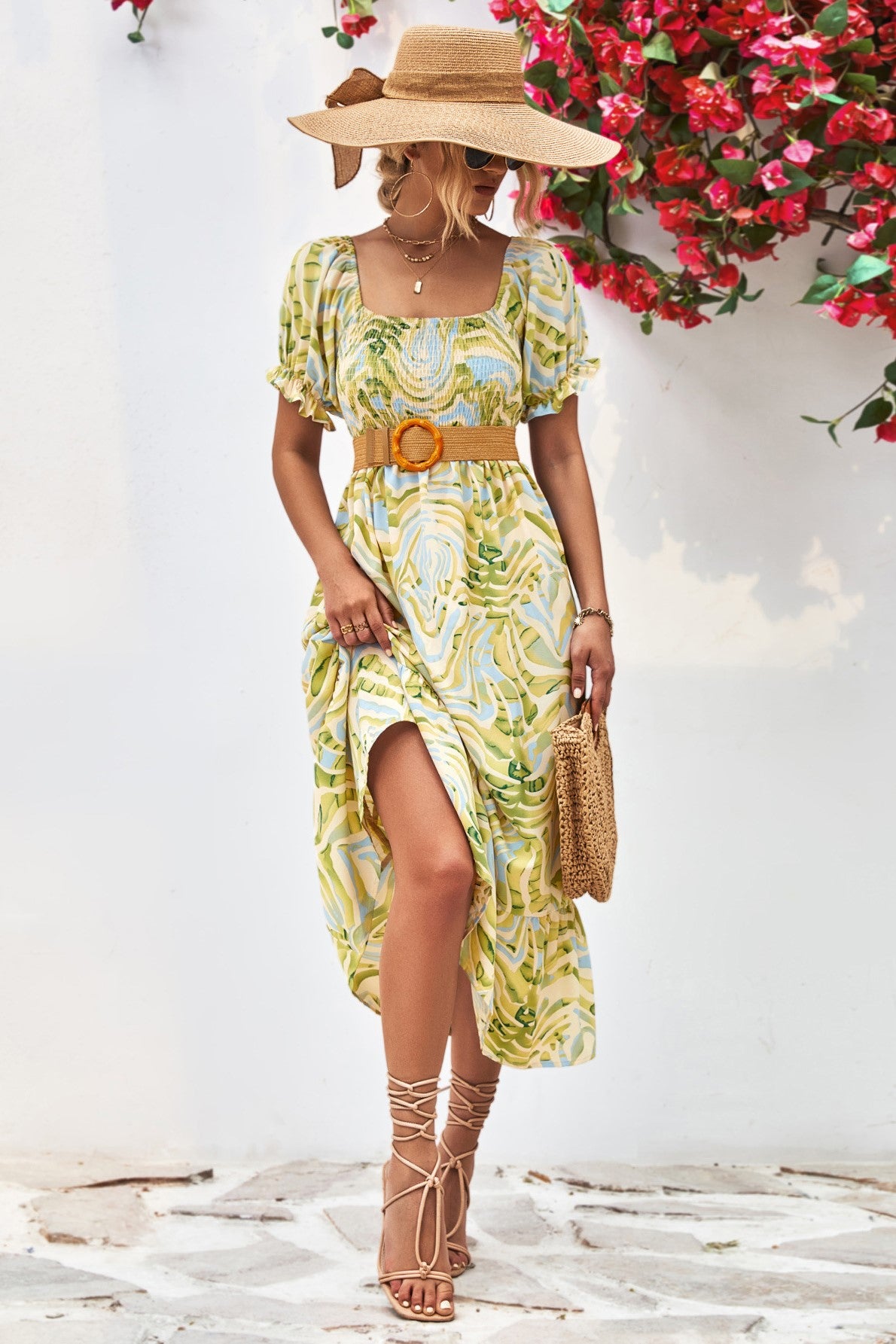 Leaf Print Off Shoulder Shirred Midi Dress - Green - 1