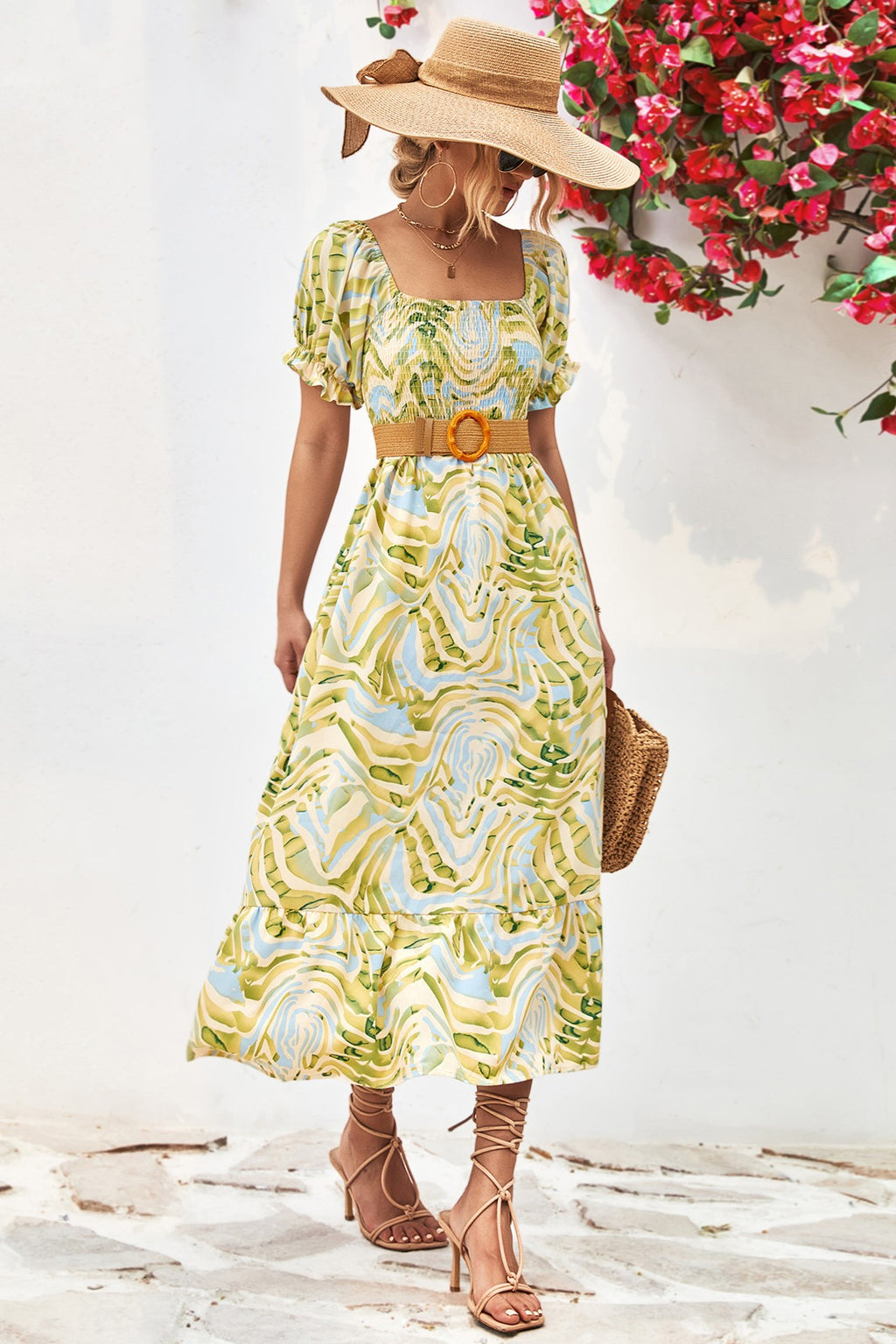 Leaf Print Off Shoulder Shirred Midi Dress - Green - 2