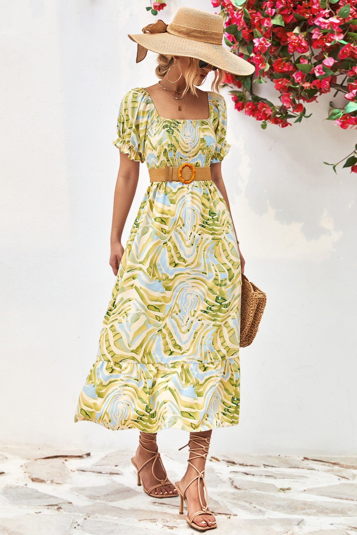 Leaf Print Off Shoulder Shirred Midi Dress - Green - 2