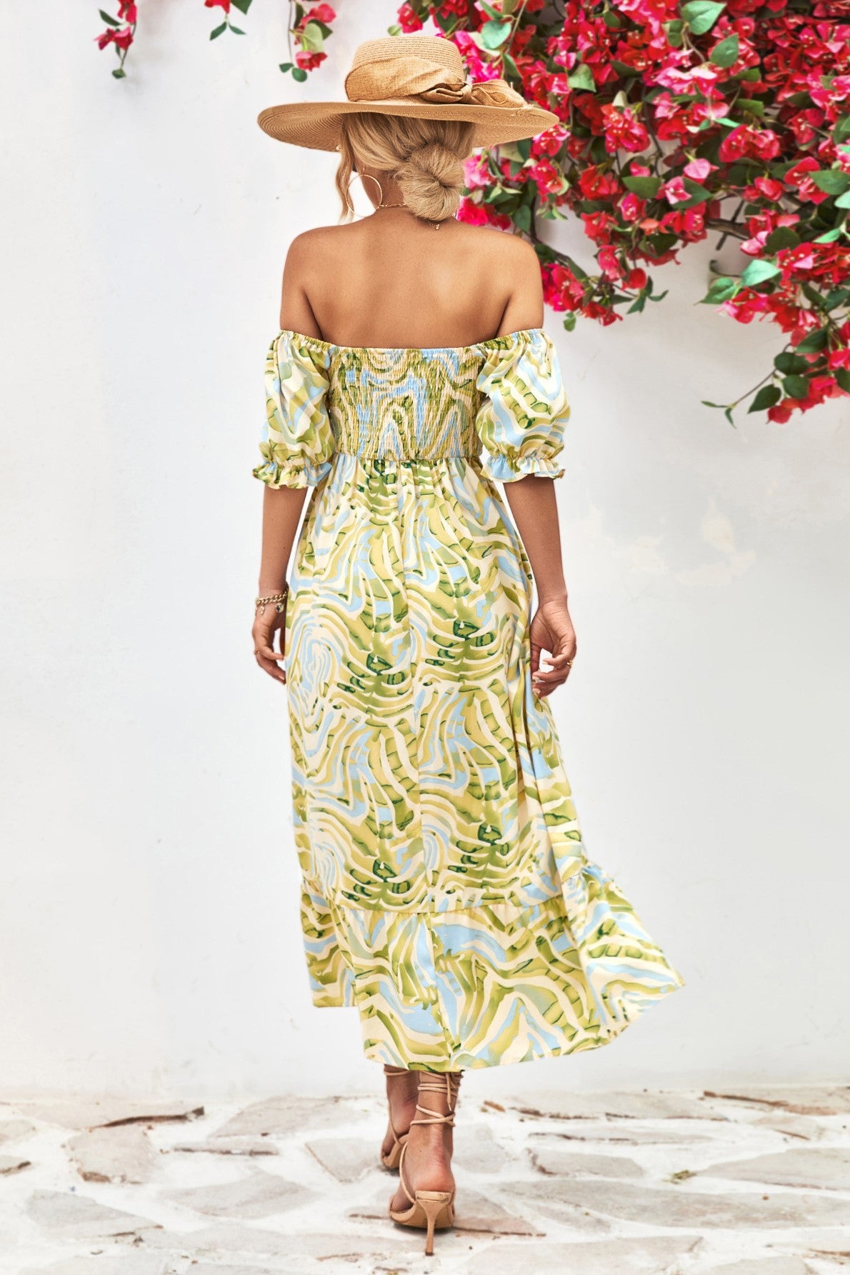 Leaf Print Off Shoulder Shirred Midi Dress - Green - 3