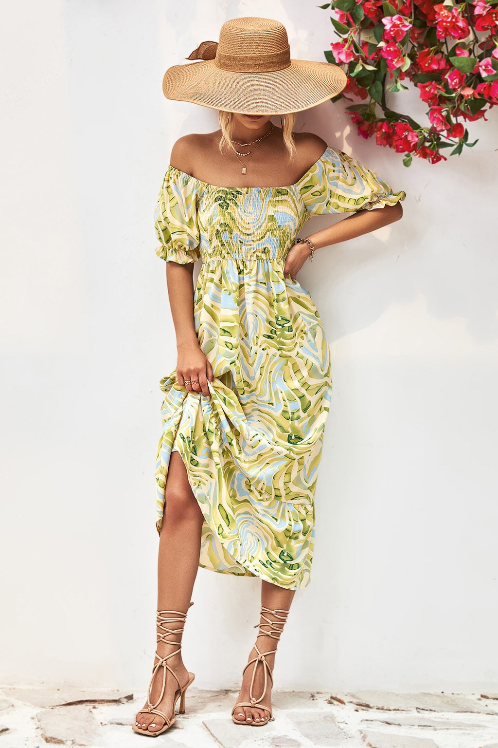 Leaf Print Off Shoulder Shirred Midi Dress - Green - 4