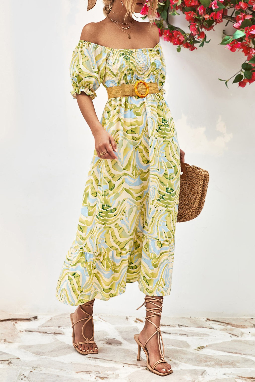 Leaf Print Off Shoulder Shirred Midi Dress - Green - 5