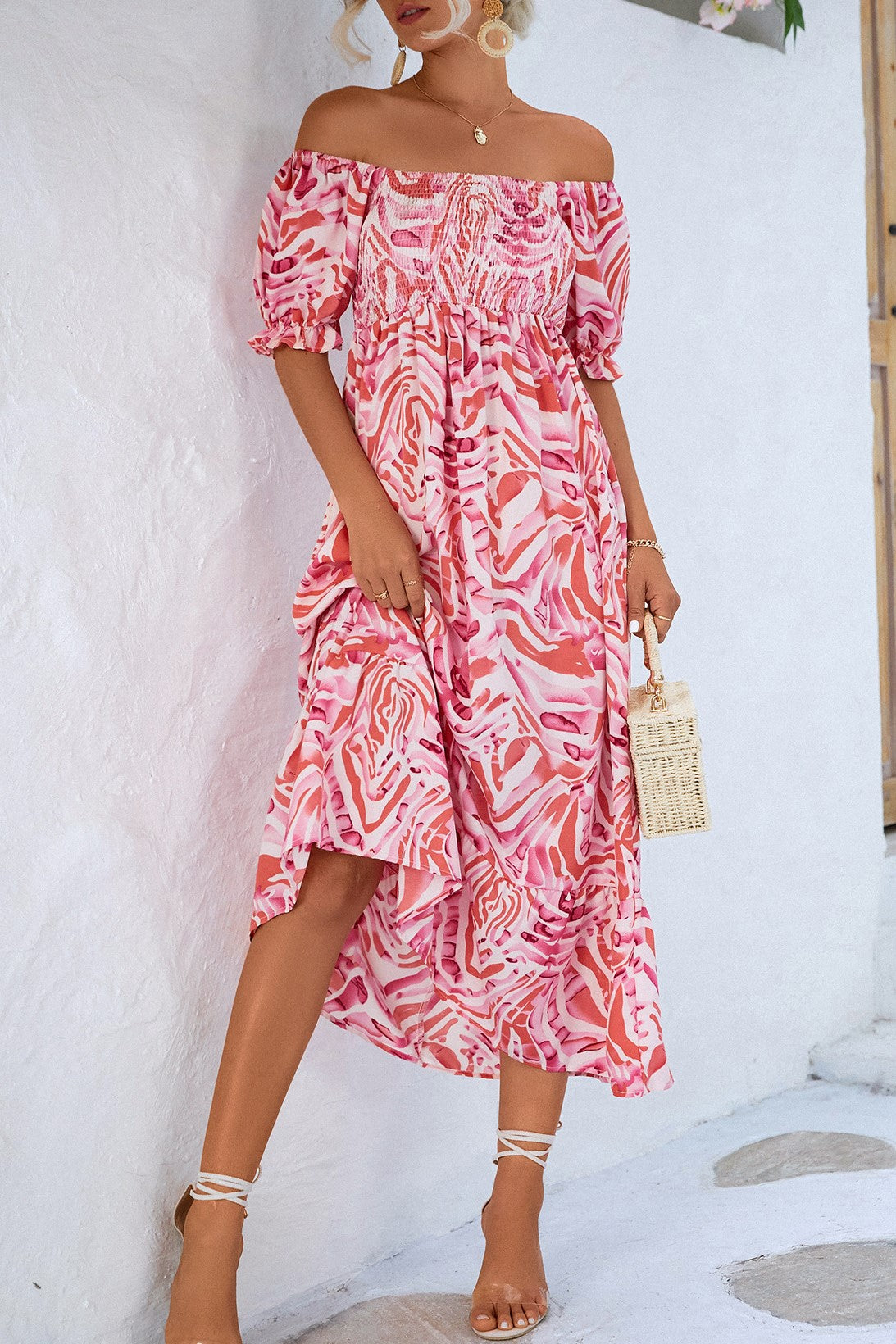 Leaf Print Off Shoulder Shirred Midi Dress - Pink
