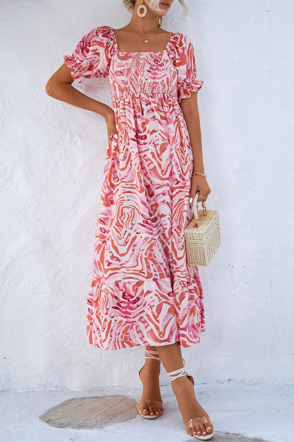 Leaf Print Off Shoulder Shirred Midi Dress - Pink - 1