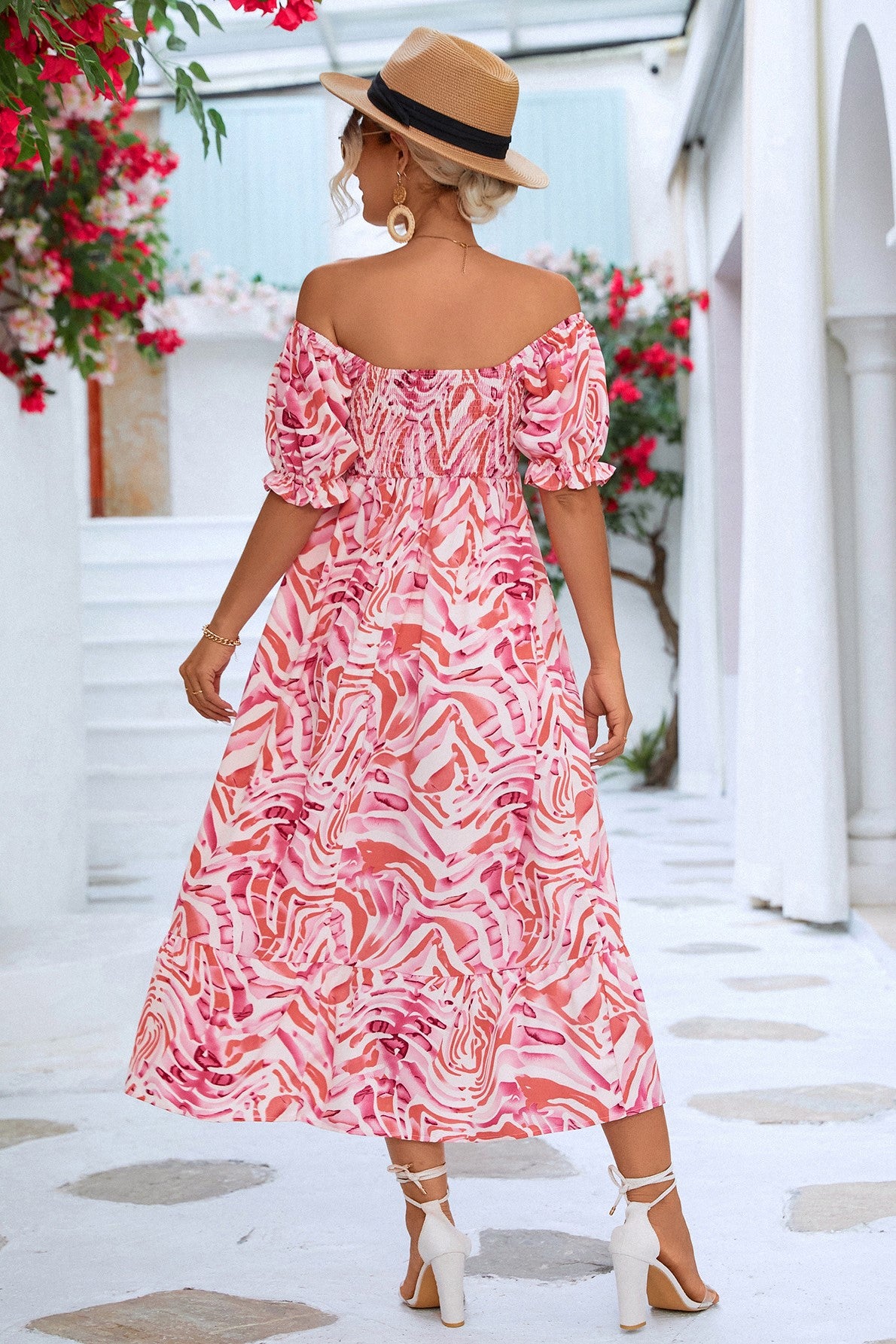 Leaf Print Off Shoulder Shirred Midi Dress - Pink - 2