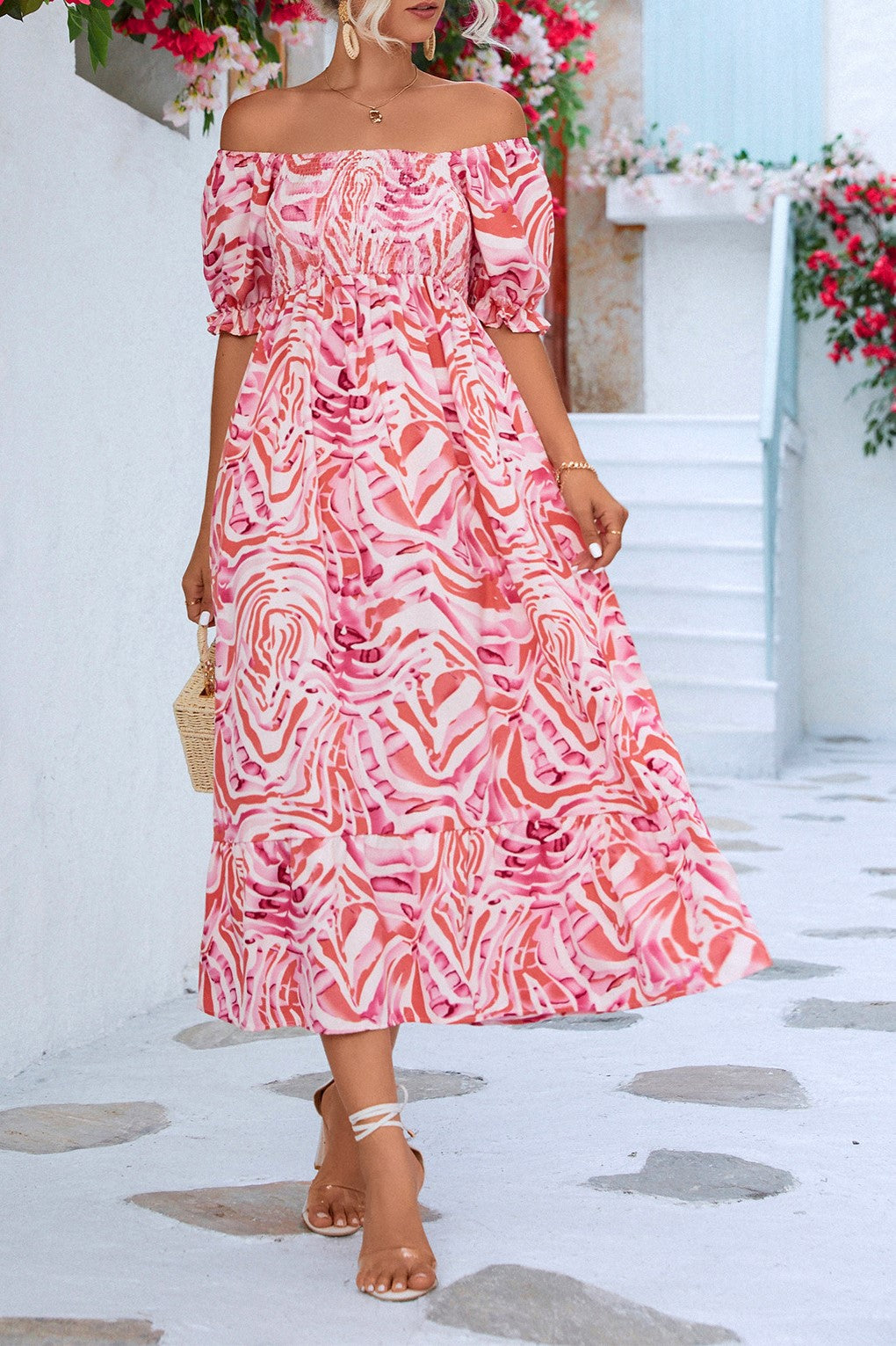 Leaf Print Off Shoulder Shirred Midi Dress - Pink - 4