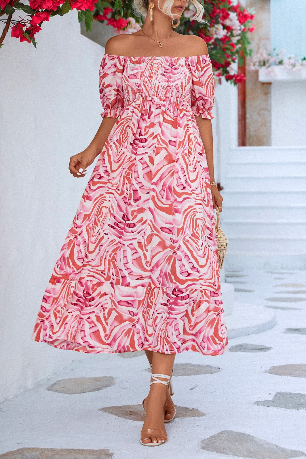Leaf Print Off Shoulder Shirred Midi Dress - Pink - 5