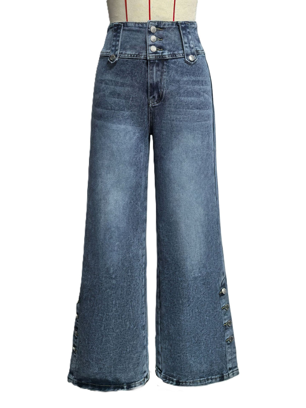 Exposed Button Fly Wide Leg Denim Trousers - Blue
