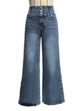 Exposed Button Fly Wide Leg Denim Trousers - Blue