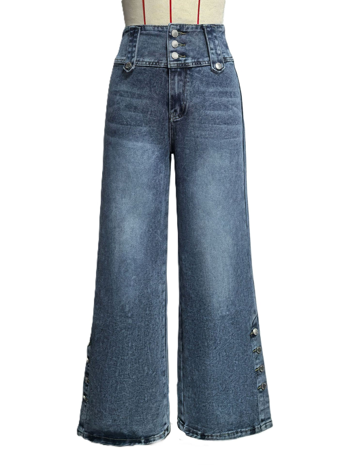 Exposed Button Fly Wide Leg Denim Trousers - Blue