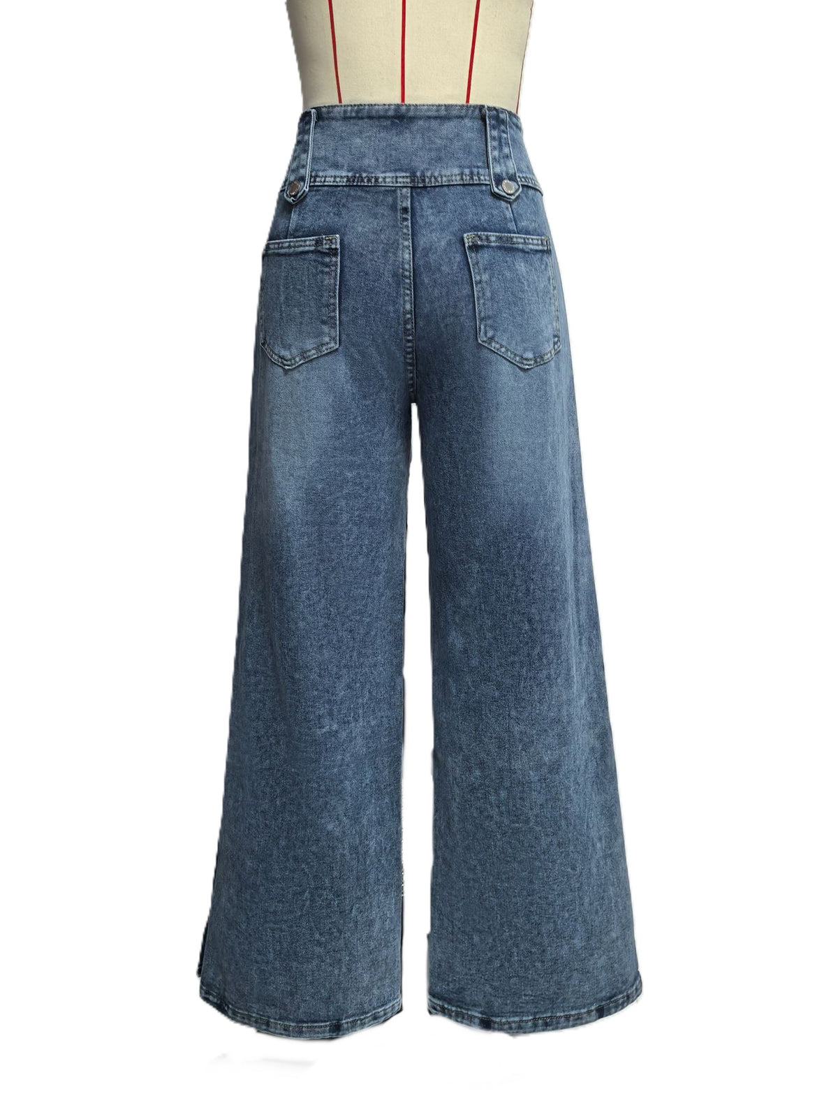 Exposed Button Fly Wide Leg Denim Trousers - Blue - 1
