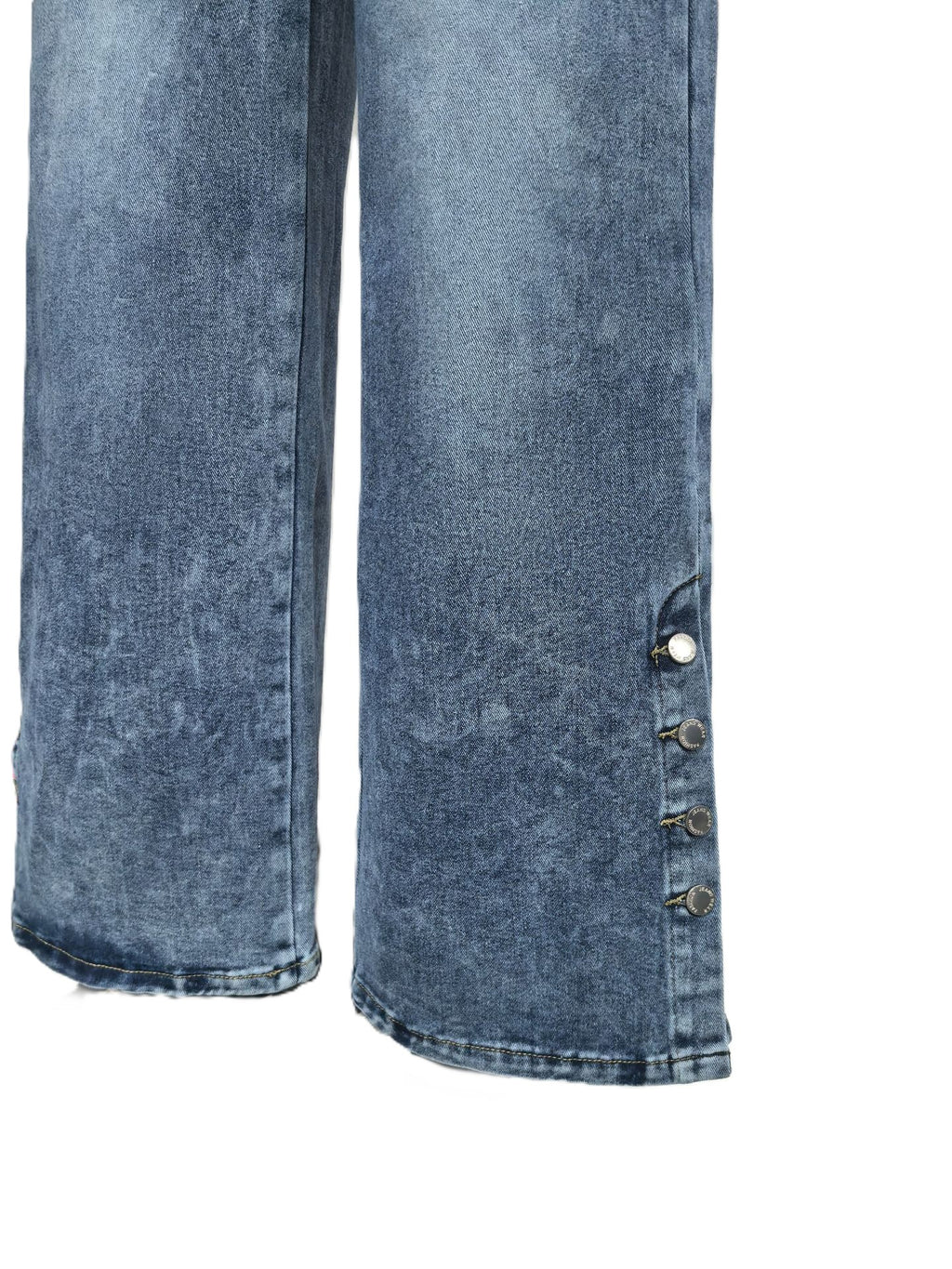 Exposed Button Fly Wide Leg Denim Trousers - Blue - 2