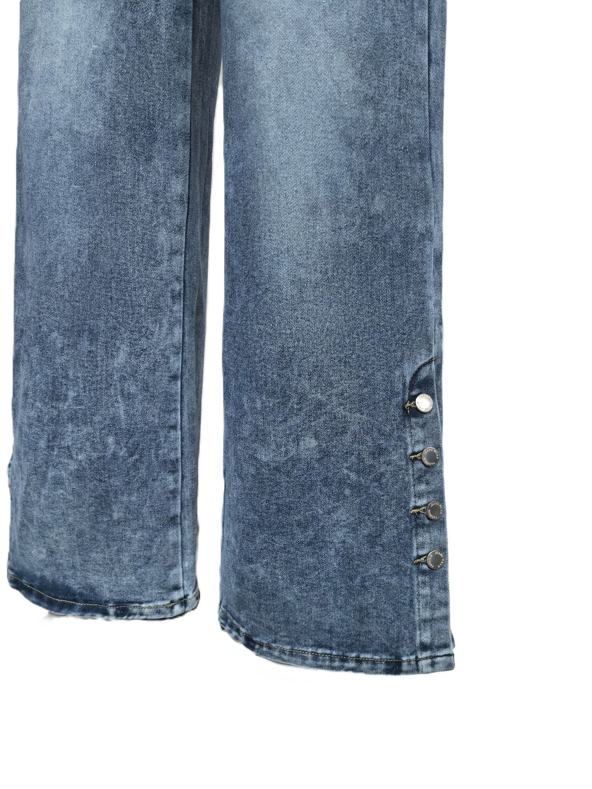 Exposed Button Fly Wide Leg Denim Trousers - Blue - 2