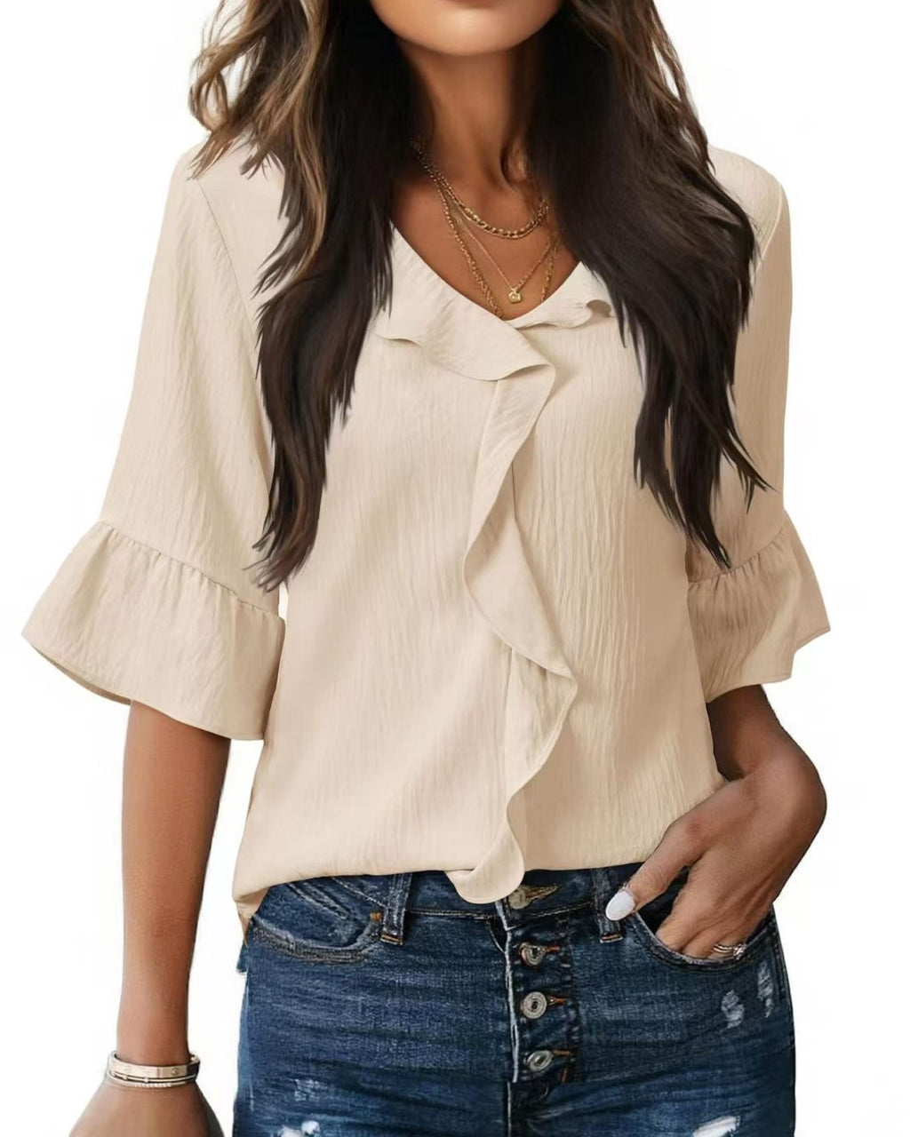 Cascading Ruffle Front Blouse With Bell Sleeves - Apricot