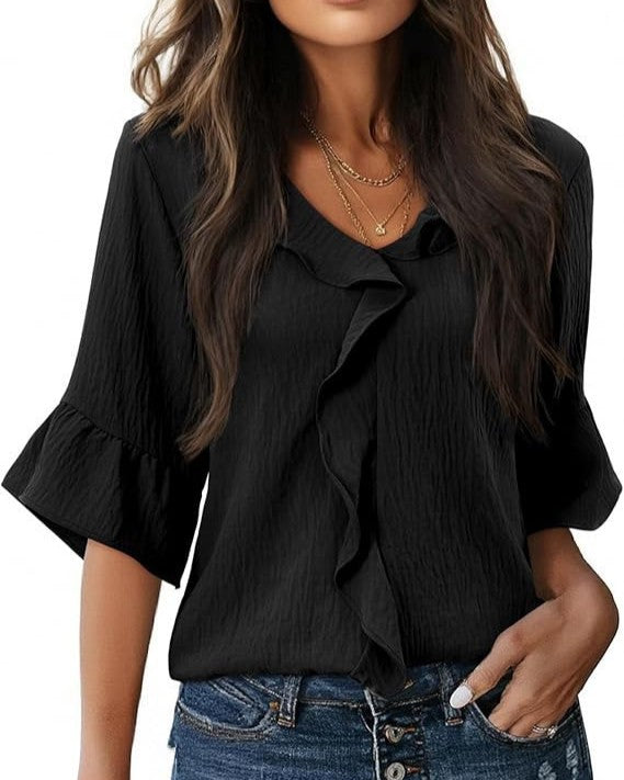 Cascading Ruffle Front Blouse With Bell Sleeves - Black