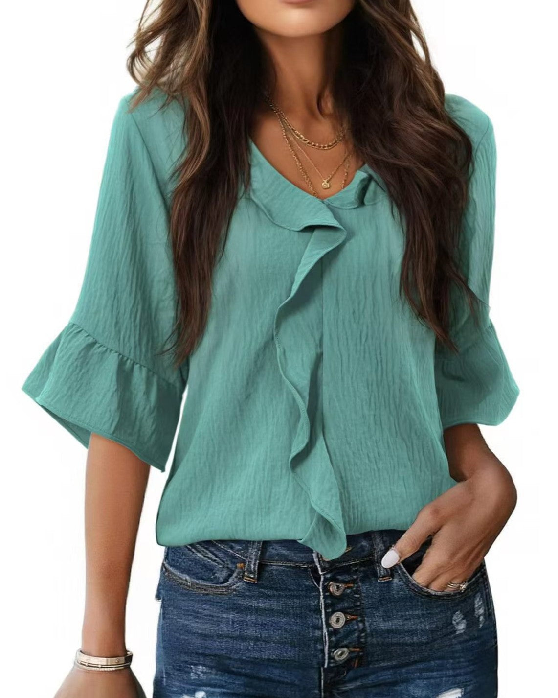 Cascading Ruffle Front Blouse With Bell Sleeves - Green