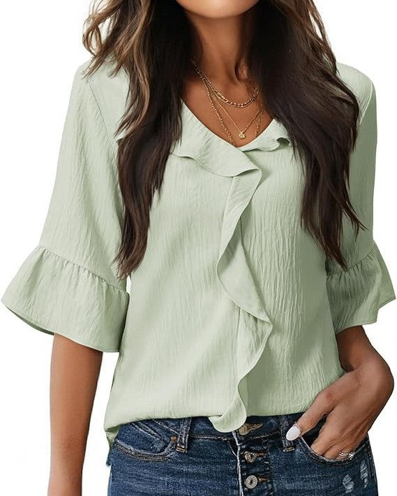 Cascading Ruffle Front Blouse With Bell Sleeves - LightGreen