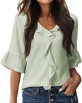 Cascading Ruffle Front Blouse With Bell Sleeves - LightGreen
