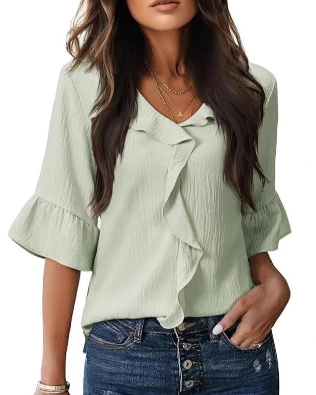 Cascading Ruffle Front Blouse With Bell Sleeves - LightGreen - 1