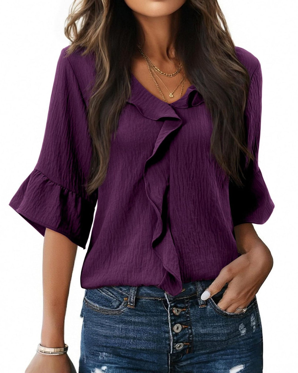 Cascading Ruffle Front Blouse With Bell Sleeves - Purple