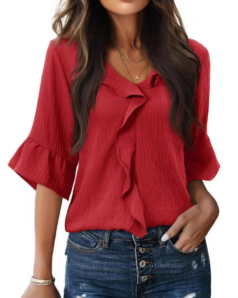Cascading Ruffle Front Blouse With Bell Sleeves - Red