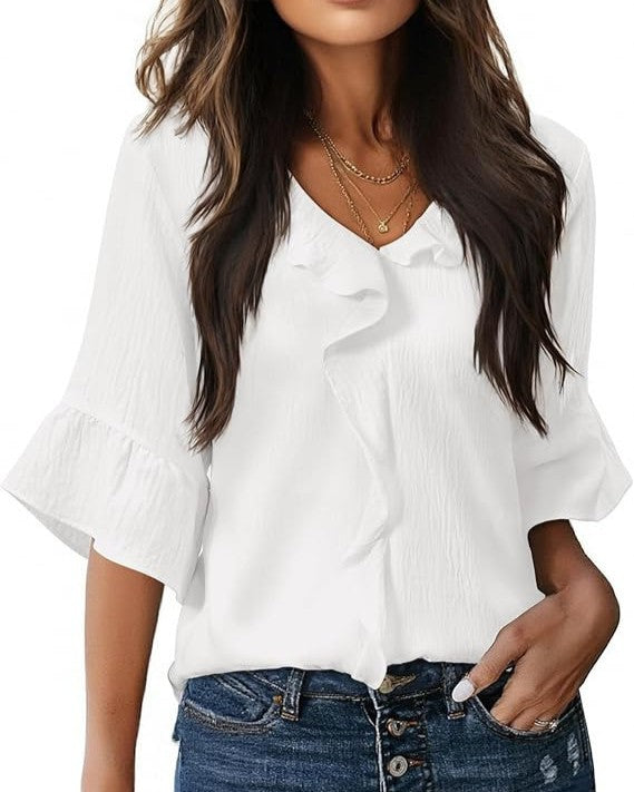 Cascading Ruffle Front Blouse With Bell Sleeves - White