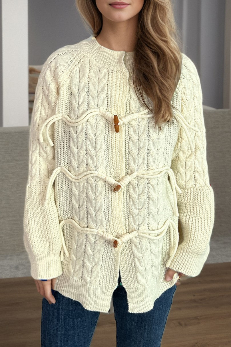 Cable Knit Toggle Button Cardigan - Beige