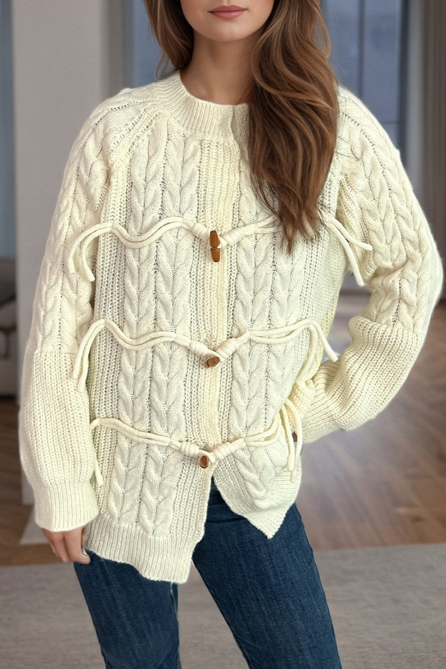 Cable Knit Toggle Button Cardigan - Beige - 2