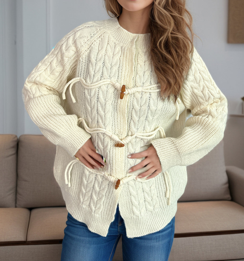 Cable Knit Toggle Button Cardigan - Beige - 3