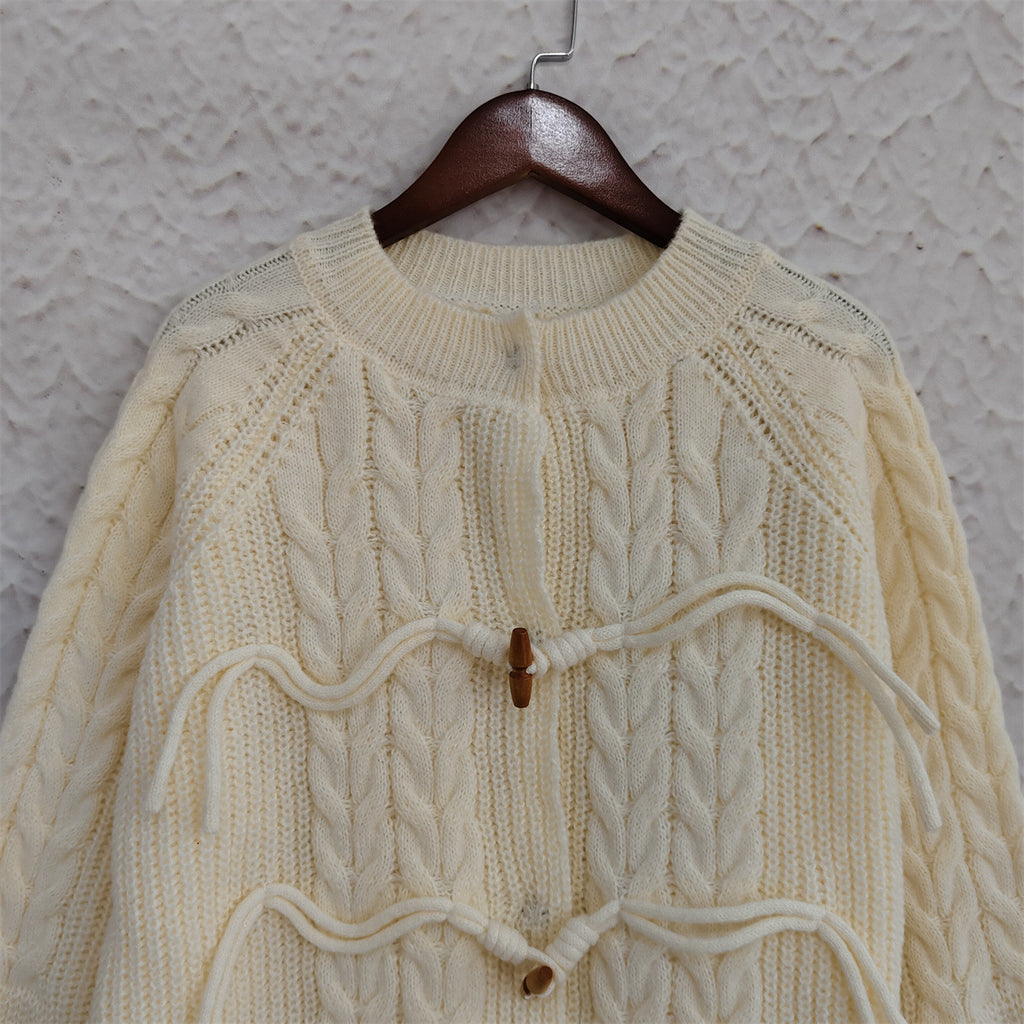 Cable Knit Toggle Button Cardigan - Beige - 7