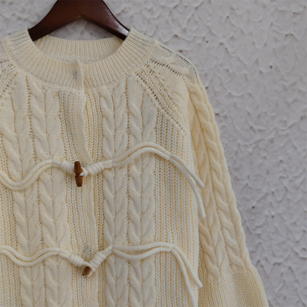 Cable Knit Toggle Button Cardigan - Beige - 8