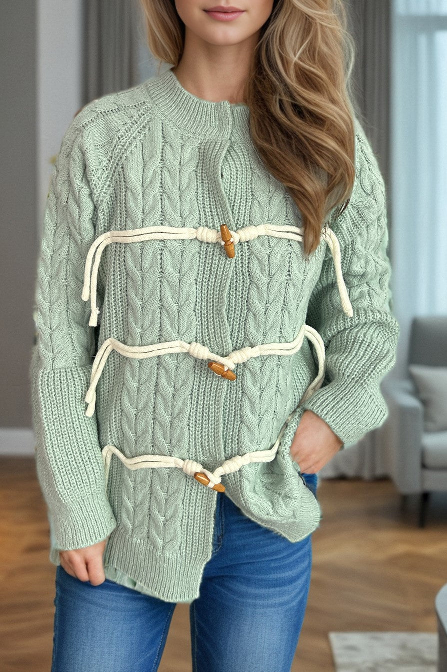 Cable Knit Toggle Button Cardigan - green - 1