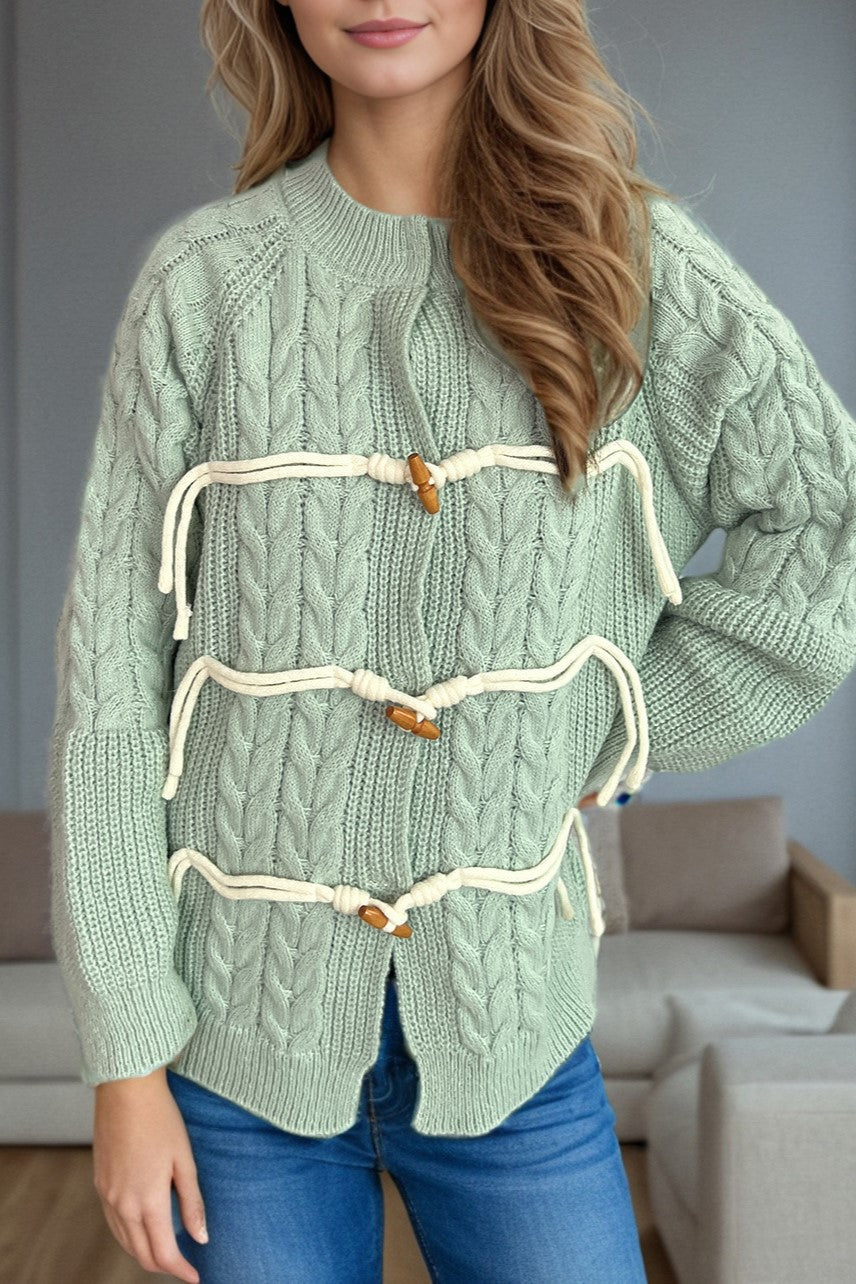 Cable Knit Toggle Button Cardigan - green - 2