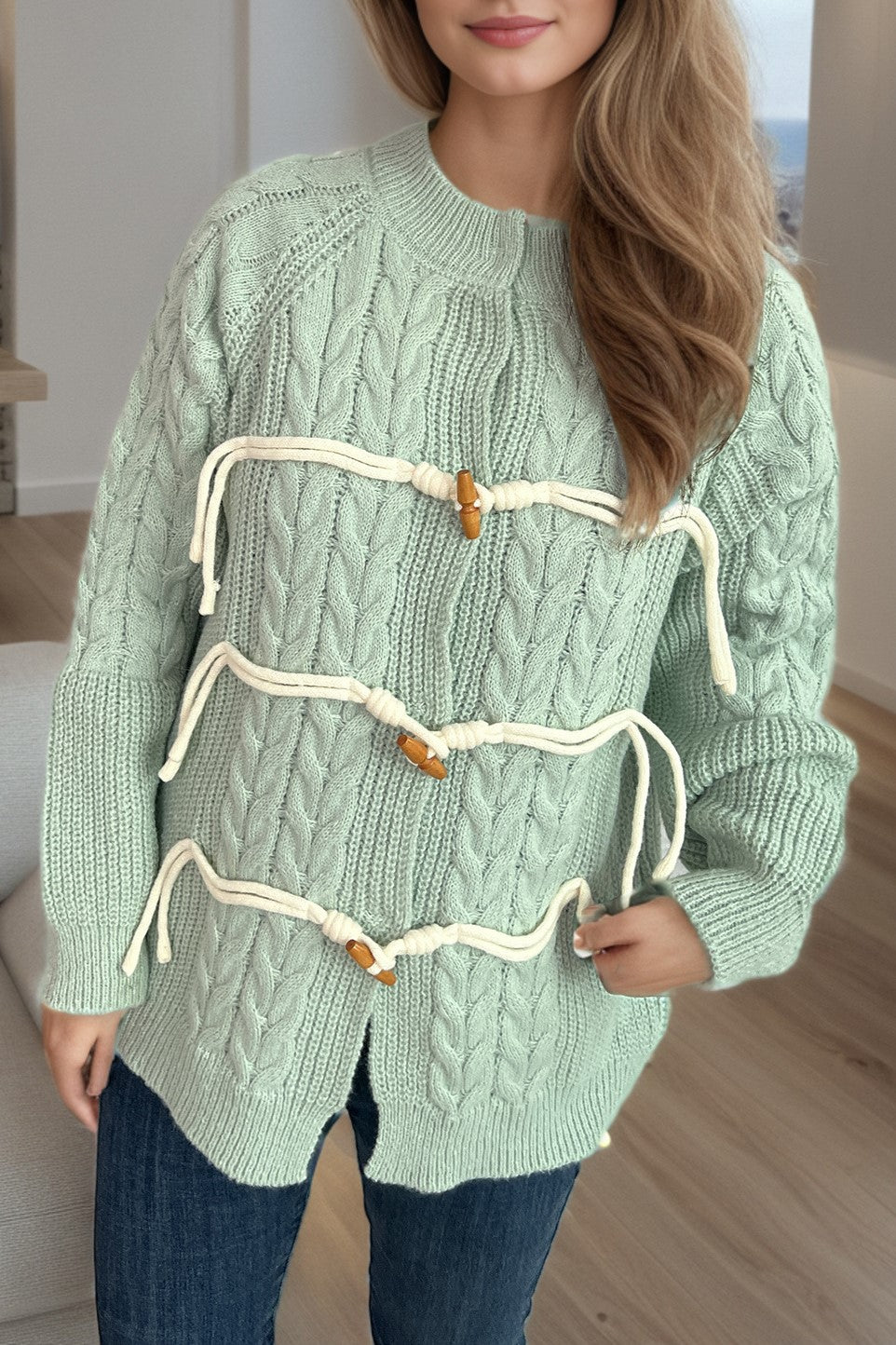 Cable Knit Toggle Button Cardigan - green - 3