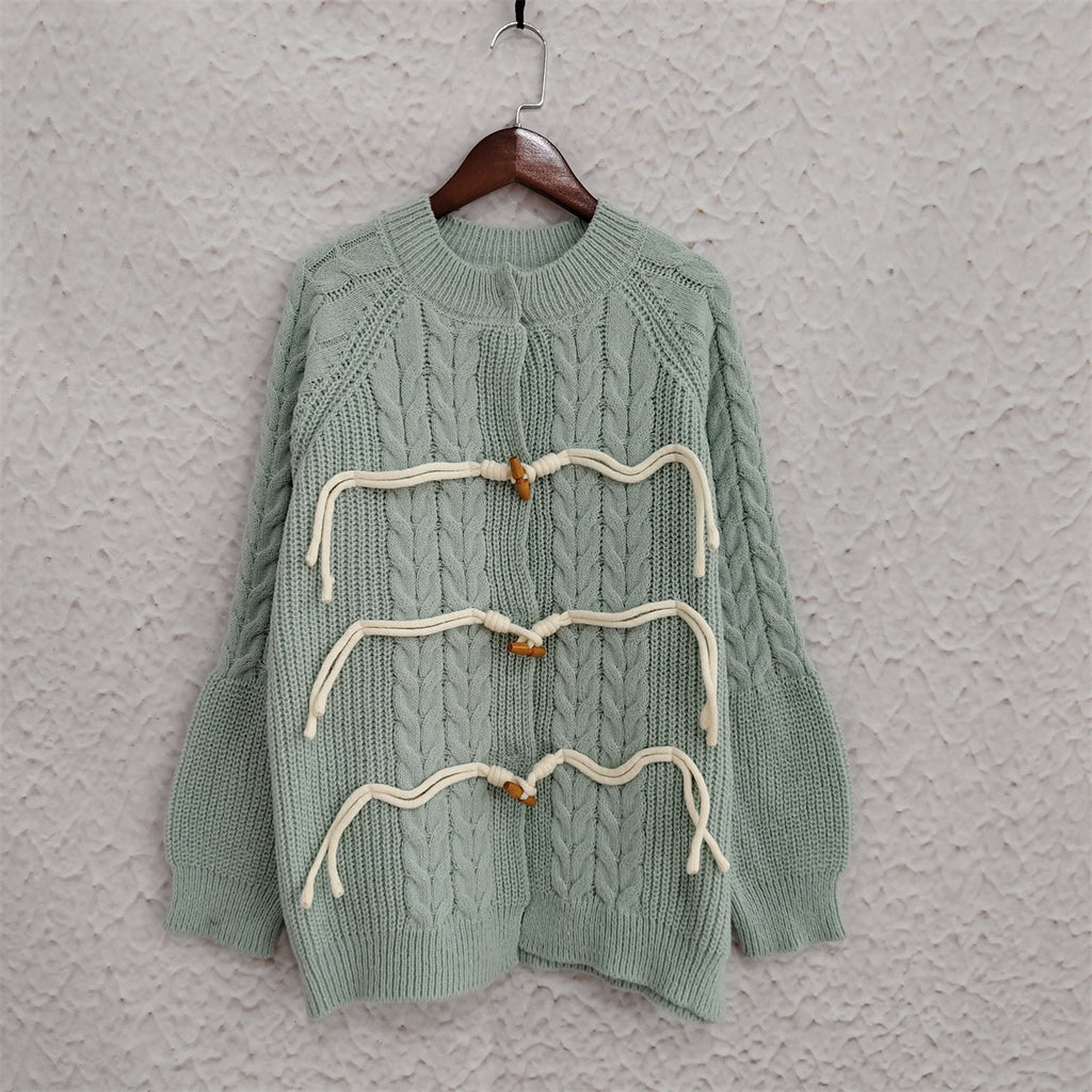 Cable Knit Toggle Button Cardigan - green - 5