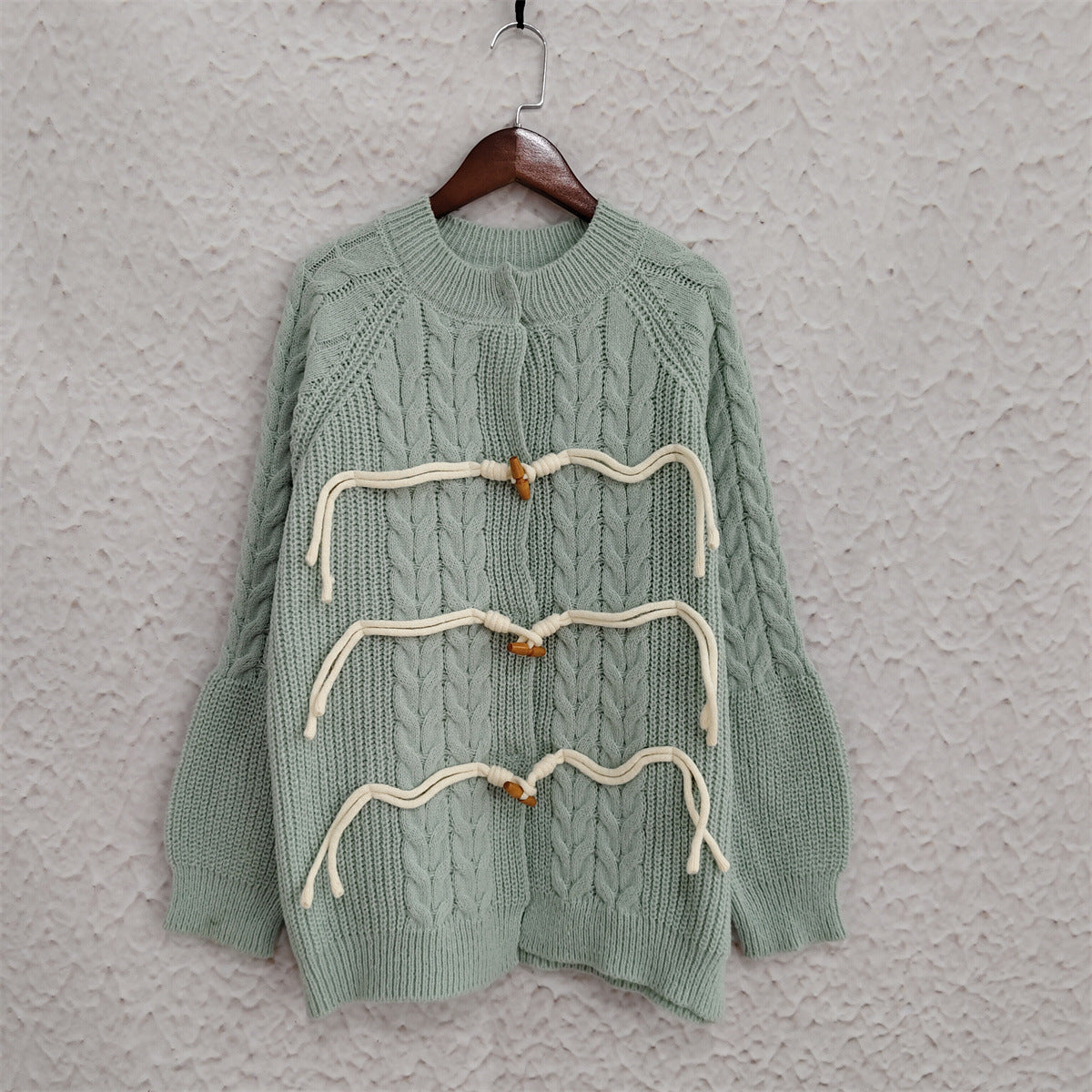 Cable Knit Toggle Button Cardigan - green - 5