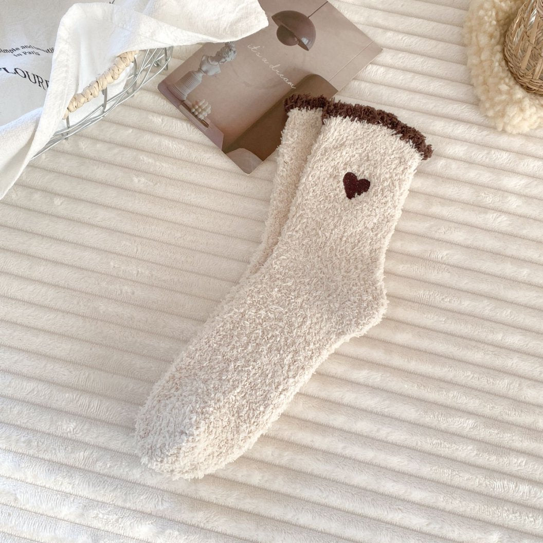 Fuzzy Heart Embroidered Ruffle Cuff Crew Socks - Khaki