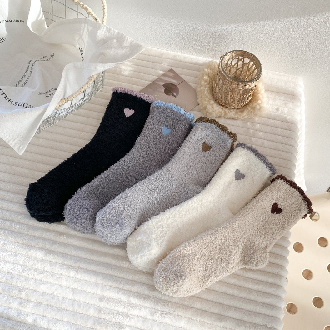 Fuzzy Heart Embroidered Ruffle Cuff Crew Socks - White - 2