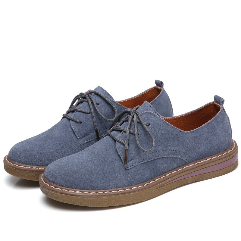 Suede Lace-Up Oxford Flats with Stitched Sole - Dusty Blue