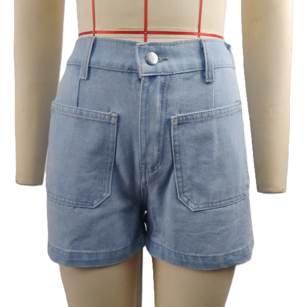 Relaxed Denim Shorts With Patch Pockets - Blue
