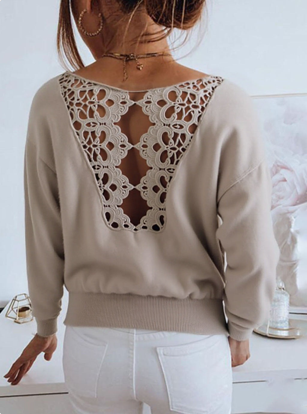 Crochet Lace Back V Neck Drop Shoulder Sweater - Khaki