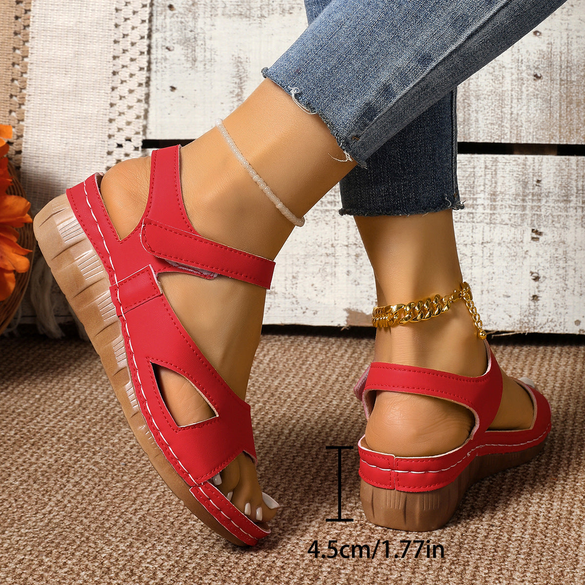 Open Toe Cutout Wedge Summer Sandals - Red